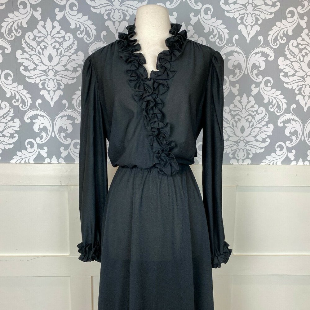 Black Midi Dress with Bishop Sleeves and Collar